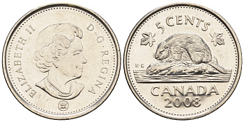 Канада 5 центов 2008 Елизавета II (1952-2022), бобер KM 491 сталь плакированная никелем 4609-451
