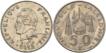 Французская Новая Каледония 50 франков 2012 хижина среди сосен и пальм, (IEOM) KM 13a, Schoen 15a, Lec 128i медно-никель 4111-1016