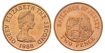 Джерси 2 пенса 1988 Елизавета II (1952-2022), Сент-Хелиер KM 55 бронза UNC 4118-336