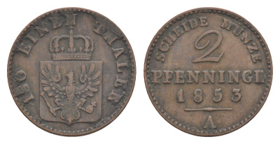 Пруссия 2 пфеннига 1853 A, Фридрих Вильгельм IV (1840-1861) KM 452, Jaeger 51, Olding 336, AKS 91 медь 4651-251