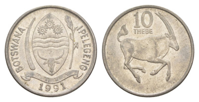 Ботсвана 10 тхебе 1991 антилопа оракс KM 5a сталь плакированная никелем aUNC 51-2155