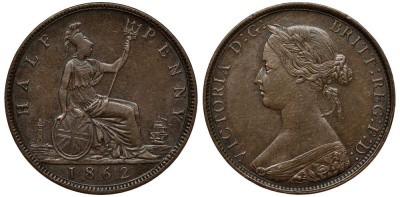 Великобритания 1/2 пенни 1862 Виктория (1837-1901) KM 748.2, Spink 3956 бронза  1518-132