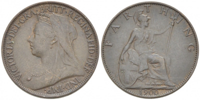 Великобритания 1 фартинг 1900 Виктория (1837-1901) KM 788.2, Spink 3964 бронза 3955-263