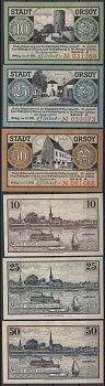 Орсой полный набор из 4 нотгельдов (10, 25 и 50 пфеннигов) 1921 Mehl Grabowski 1026.1a бумага UNC (пресс) 7556-28-1-2