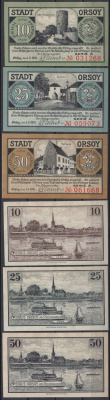 Орсой полный набор из 4 нотгельдов (10, 25 и 50 пфеннигов) 1921 Mehl Grabowski 1026.1a бумага UNC (пресс) 7556-28-1-2