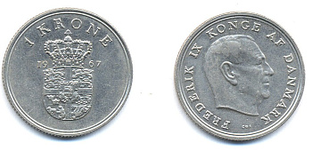 ДАНИЯ 1 КРОНА 1967 C; S, ФРЕДЕРИК IX (1947-1972) KM 851.1 медно-никель 51-4442