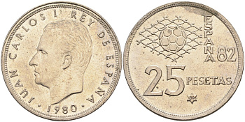 Испания 25 песет 1980(80) чемпионат мира по футболу в Испании 1982, Хуан Карлос I KM 818 медно-никель UNC 4583-1111