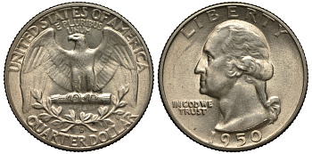 США 25 центов = квотер 1950 D, Вашингтон KM 164 серебро aUNC 4385-717