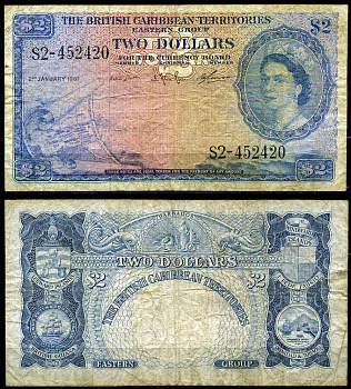 Британские Карибские территории 2 доллара 1961 2 января 1961, портрет королевы Елизаветы II, карта, водяной знак портрет королевы вправо Pick 8c бумага 447-24-2-2