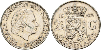 Нидерланды 2 1/2 гульдена 1963 Юлиана (1949-1980) KM 185 серебро    4599-622