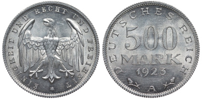 Германия 500 марок 1923 А KM 36, J.305 алюминий UNC 4587-516
