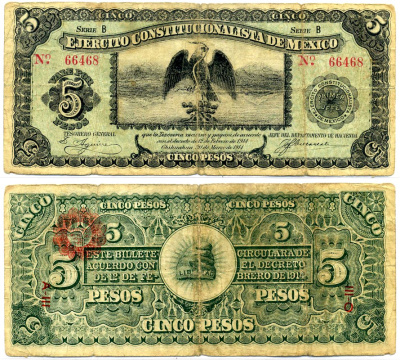 Мексика, Чиуауа 5 песо 1914 30 марта 1914, Ejercito Constitucionalista de Mexico, серия В Pick PS 524 бумага 8603-5-2-1