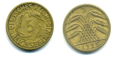 ГЕРМАНИЯ 5 РЕЙХСПФЕННИГОВ 1925 J, KM 39, J. 316 алюминиевая бронза 46-2331