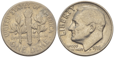 США 10 ЦЕНТОВ = 1 ДАЙМ 1976 РУЗВЕЛЬТ KM 195а медь плакированная медно-никелем 66-1119