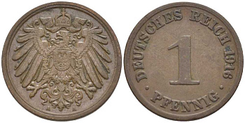 ГЕРМАНИЯ 1 ПФЕННИГ 1916 A KM 10, J. 10, Weege 2 медь 206-454