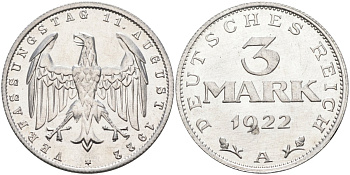 Германия 3 марки 1922 A, третья годовщина Веймарской Конституции KM 29, J.303 алюминий UNC 4587-242