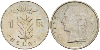 Бельгия 1 франк 1975 Belgie, Бодуэн I (1951-1993) KM 143.1 медно-никель3856-422