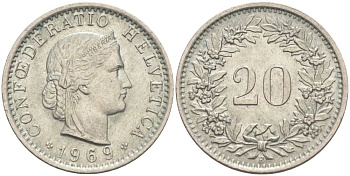 Швейцария 20 раппенов 1969 В KM 29а медно-никель 55-856
