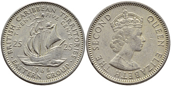 Британские Восточно-Карибские территории 25 центов 1965 Елизавета II (1952-2022), парусник KM 6 медно-никель 73-1847