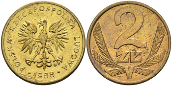 Польша 2 злотых 1988 MW KM 80.2, Parchimowicz 218c латунь UNC 4580-762