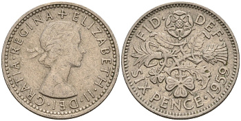Великобритания 6 пенсов 1959 Елизавета II (1952-2022) KM 903, Spink 4149 медно-никель 4596-1042
