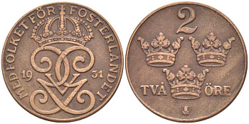 Швеция 2 эре 1931 Густав V (1907-1950) KM 778 бронза 119-1027