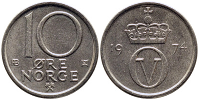 Норвегия 10 эре 1974 Улаф V (1958-1991) KM 416 медно-никель 4387-823