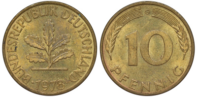 ФРГ 10 пфеннигов 1978 G KM 108, J. 383 сталь плакированная латунью 62-232