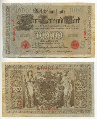 ГЕРМАНИЯ 1000 МАРОК 1910 КРАСНАЯ ПЕЧАТЬ, 7 ЦИФР В НОМЕРЕ Pick 44b бумага 7552-49-3