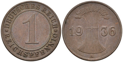 Германия 1 рейхспфенниг 1936 A, Веймарская республика KM 37 бронза 4547-732