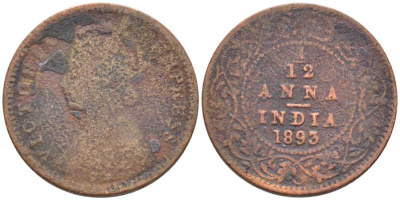 ИНДИЯ БРИТАНСКАЯ 1/12 АННА 1893 КОРОЛЕВА ВИКТОРИЯ, ИМПЕРСКАЯ ЧЕКАНКА KM 483 медь 116-922
