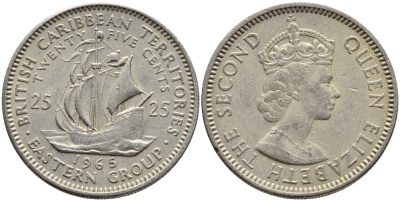Британские Восточно-Карибские территории 25 центов 1965 Елизавета II (1952-2022), парусник KM 6 медно-никель 73-1847