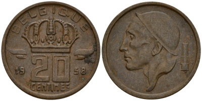 Бельгия 20 сантимов 1958 Belgique, Бодуэн I (1951-1993) KM 146 бронза 4154-1047