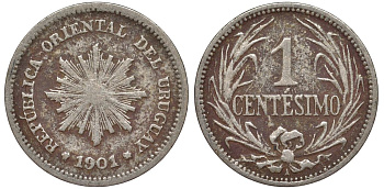 Уругвай 1 сентесимо 1901 KM 19 медно-никель 4169-563