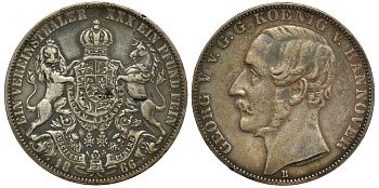 Брауншвейг-Каленберг-Ганновер 1 талер 1866 В, Георг V (1851-1866) КМ 230, AKS 144, Dav. 682, Kahnt 239, Thun 174 серебро 413-6835