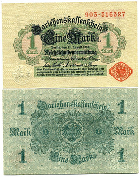 Германия 1 марка 1914 красная серия 903, выпуск 1917 года Pick 51, Розенберг 51 с  бумага аUNC 450-45-3