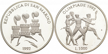 Сан-Марино 1000 лир 1992 XXV летние Олимпийские игры в Барселоне 1992 года, легкая атлетика KM 277 серебро PROOF 1096-1-75