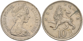 Великобритания 10 пенсов 1969 Елизавета II (1952-2022) KM 912, Spink 4231 (F1) медно-никель 4144-626