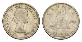 Канада 10 центов 1955 Елизавета II (1952-2022), парусник KM 51 серебро 4639-563