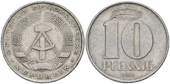 ГДР 10 пфеннигов 1968 A KM 10 алюминий 55-215