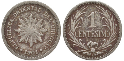 Уругвай 1 сентесимо 1901 KM 19 медно-никель 4169-563