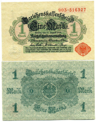 Германия 1 марка 1914 красная серия 903, выпуск 1917 года Pick 51, Розенберг 51 с  бумага аUNC 450-45-3