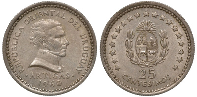 Уругвай 25 сентесимо 1960 KM 40 медно-никель 4169-1019