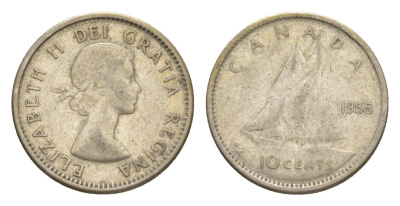 Канада 10 центов 1955 Елизавета II (1952-2022), парусник KM 51 серебро 4639-563