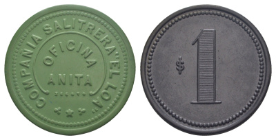Чили, Анита (Anita), Антофагаста шахтерский жетон с Селитряного рудника для покупки в местных магазинах, номиналом в 1 песо 1880-1920 диаметр 45,5 мм, вес 6,88 гр Espinosa 20.2 эбонит (зеленый) 1094-11-22