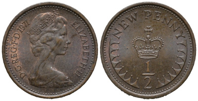 Великобритания 1/2 пенни 1971 Елизавета II (1952-2022) KM 914, Spink 4239 бронза 187-1252