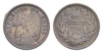 Чили 10 сентаво 1919 KM 156.2a серебро 4655-613
