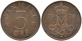 Дания 5 эре 1976 S; B, Маргрете II (1972- ) KM 859.1 железо плакированное медью 116-152
