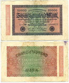 ГЕРМАНИЯ 20000 МАРОК 1923 20 ФЕВРАЛЯ 1923, ВОДЯНОЙ ЗНАК G Pick 85с бумага 7547-85-3