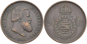 Бразилия 20 рейсов 1868 Педро II (1831-1889) KM 474 бронза 4529-514